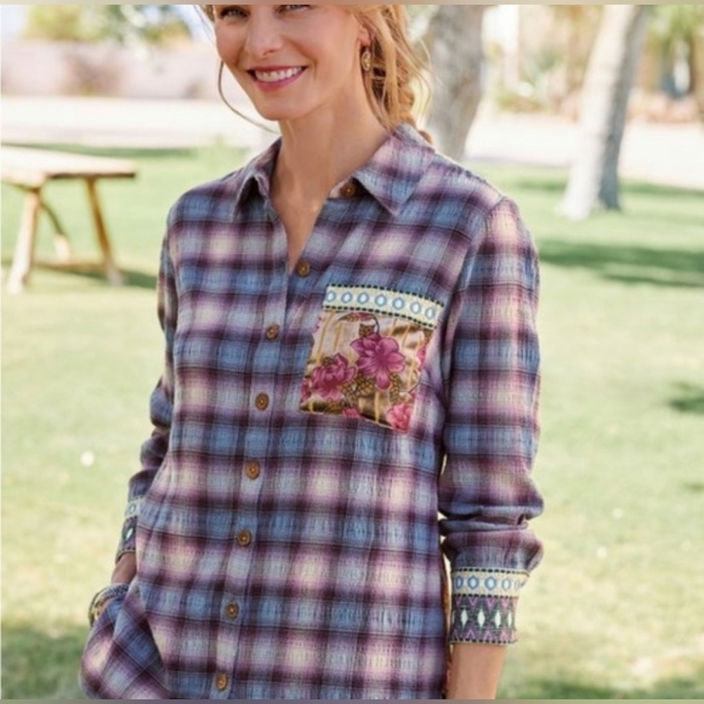 Soft Surroundings Rosebay Embroidered Floral Plaid Shirt - Mixed Fabrics -Size M